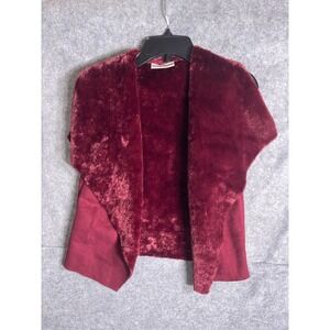 Satin Flowers Burgundy Faux Fur Suede Open Front Vest Wine Red Sleeveless Jacket